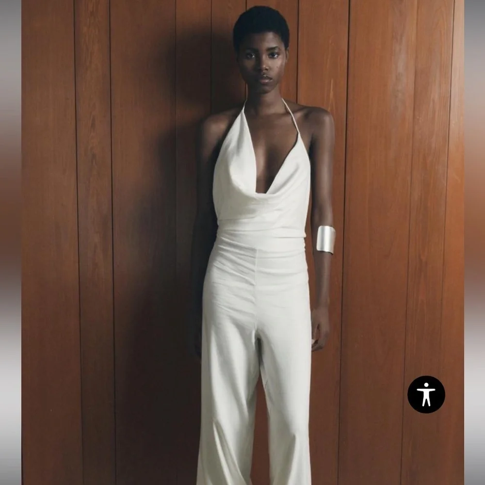Zara NWT Linen Blend Halter Backless Wide Leg Jumpsuit Ivory Small 1058/031
